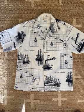 Vintage Kahala Hawaiian Island Traders Nautical Print Camp Shirt - White & Navy